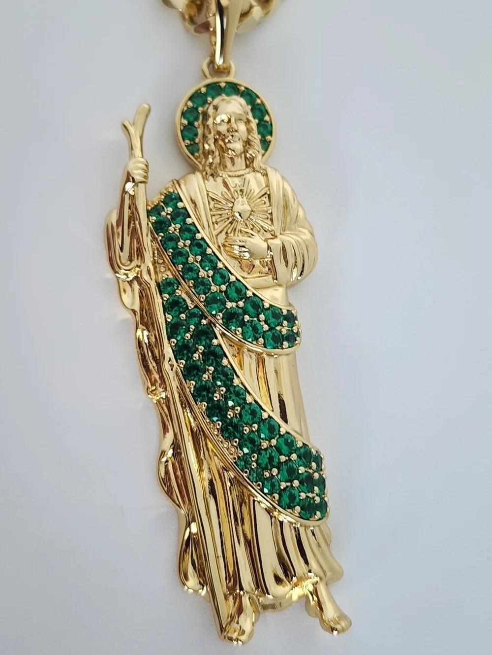 Gold Saint Jude Pendant Necklace Green CZ Cuban Chain Religious 24